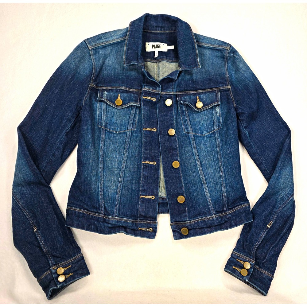 PAIGE Womens Blue Button Front Slim Fitted Collared Short Jean Jacket Size S